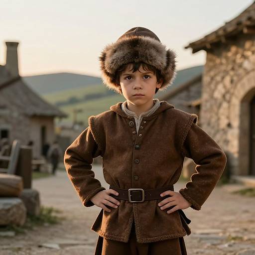 Photograph of a young boy with dark hair, wearing a brown fur-trimmed coat and hat, hands on hips, standing in a rustic village