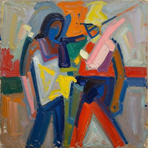 Abstract oil painting featuring two stylized, colorful human figures in blue and red, with yellow and white accents, set against a textured, multicolored