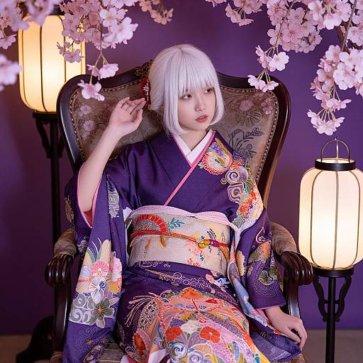 Photograph of an Asian woman in a vibrant, floral-patterned black kimono with white bob haircut, seated on an ornate chair, surrounded by