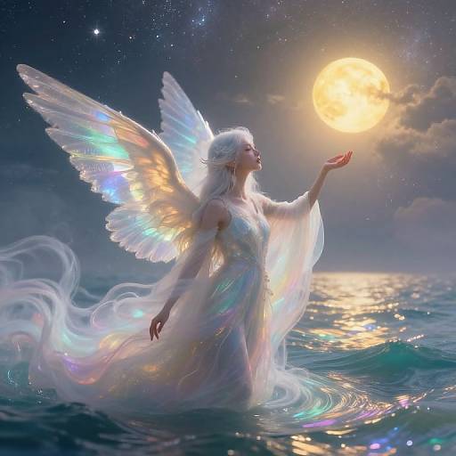 Digital art: Angelic woman with iridescent wings and flowing white dress stands in moonlit ocean, reaching towards glowing full moon.