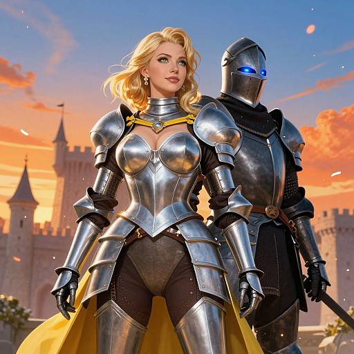 Digital art of a blonde, fair-skinned, armored woman with large breasts, standing confidently beside a blue-eyed armored knight, castle in sunset background.