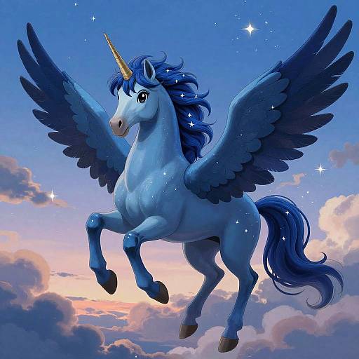 Digital illustration of a blue, winged unicorn with a golden horn, floating in a vibrant, starry sky at sunset.