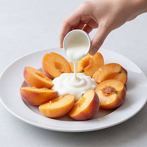 Photograph of a hand pouring creamy yogurt onto a white plate of sliced, orange-pink apricots arranged in a circular pattern.