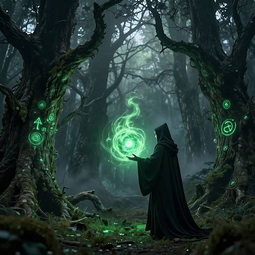Mysterious hooded figure in dark cloak conjures glowing green magic in a dark, eerie forest framed by glowing runes and twisted trees. Digital fantasy art