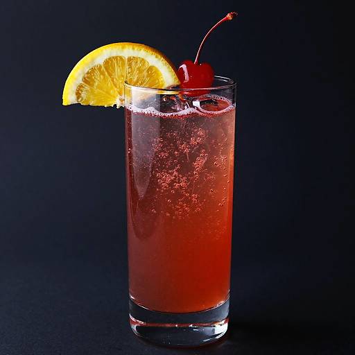 Photograph of a vibrant red cocktail in a tall glass, garnished with a lemon slice and cherry, against a dark background.