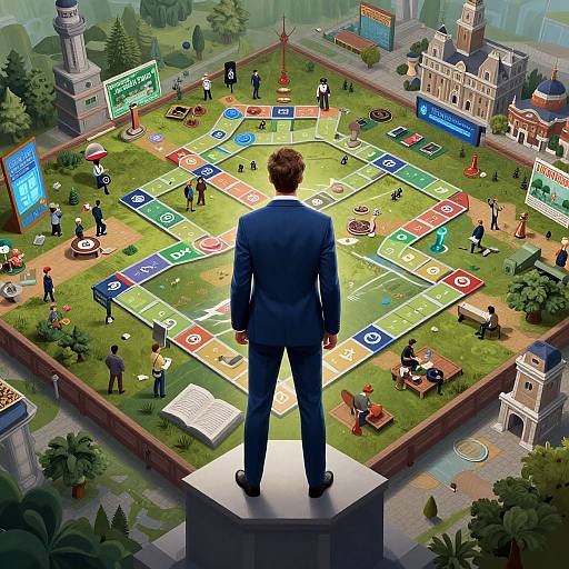 Man in Blue Suit Overlooking Holographic Strategy Game