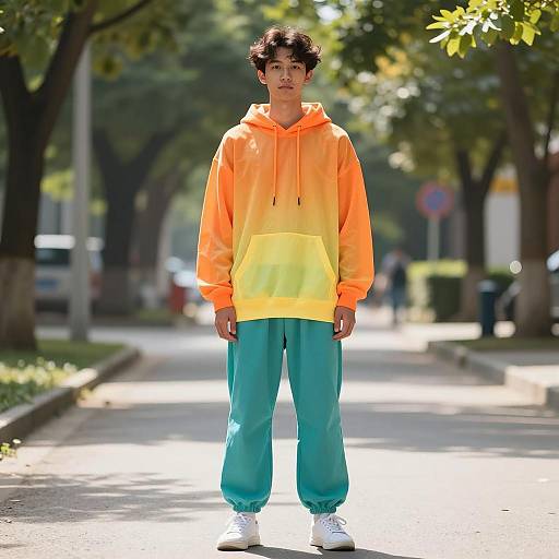 Young Man in Bright Summer Outfit on Pathway