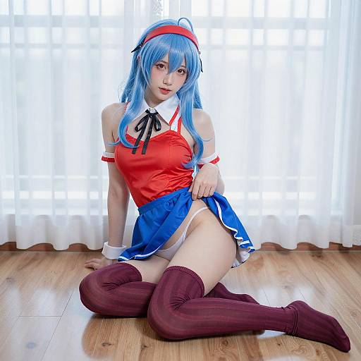 Cosplay Woman with Blue Hair Sitting