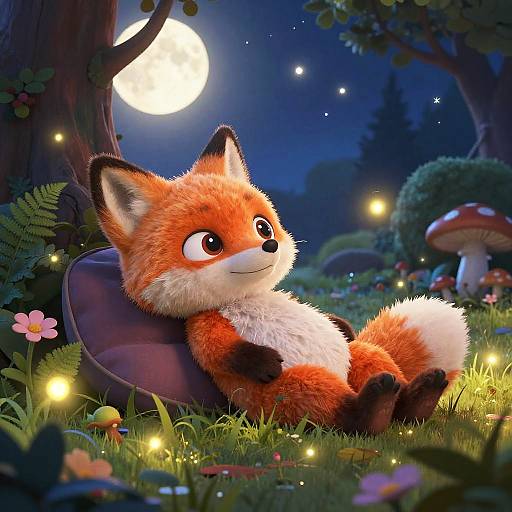 Cute, fluffy, cartoon fox with orange fur and white belly, lounges on a purple cushion under a full moon in a magical, starlit