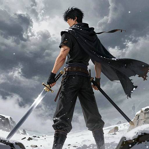 Anime-style digital artwork of a muscular, black-haired, dark-cloaked warrior holding two swords, standing on rocky ground under a stormy sky.