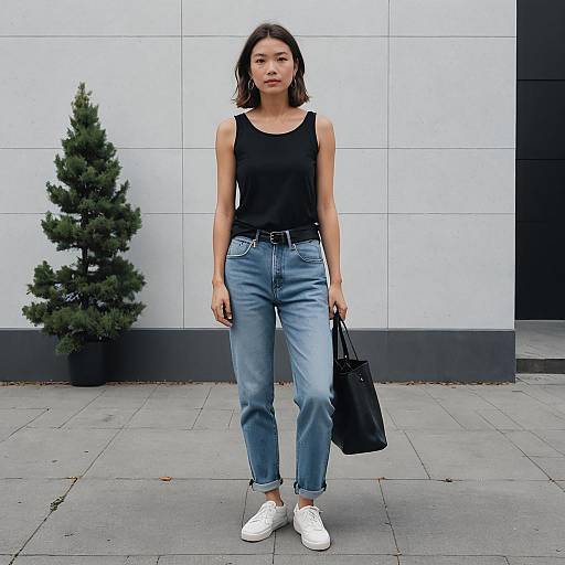 Casual Street Style Woman in Low Rise Baggy Jeans