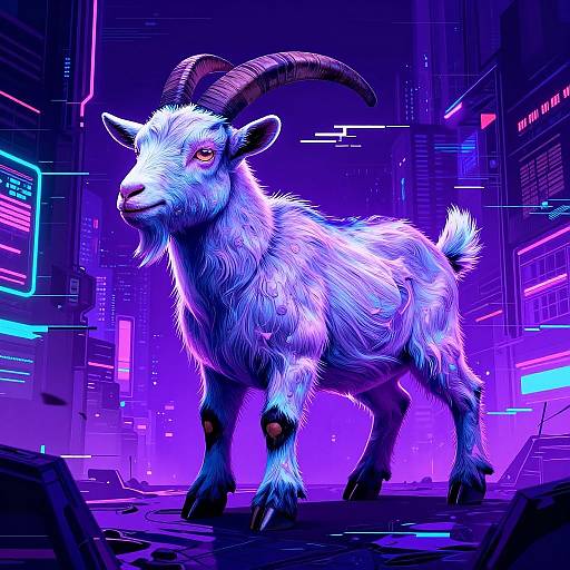 Digital art of a glowing, neon-lit, white-furred goat with curved horns standing in a futuristic, cyberpunk cityscape. Vibrant pur