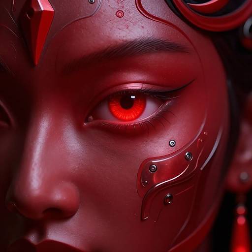 Close-up digital artwork of a woman's intense red eye, surrounded by metallic red patterns, and dark shadows, creating a futuristic, cybernetic look