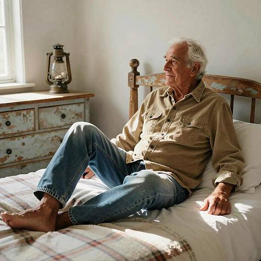 Photograph of an elderly white man with white hair, wearing a beige shirt and blue jeans, sitting on a sunlit bed in a rustic, sun
