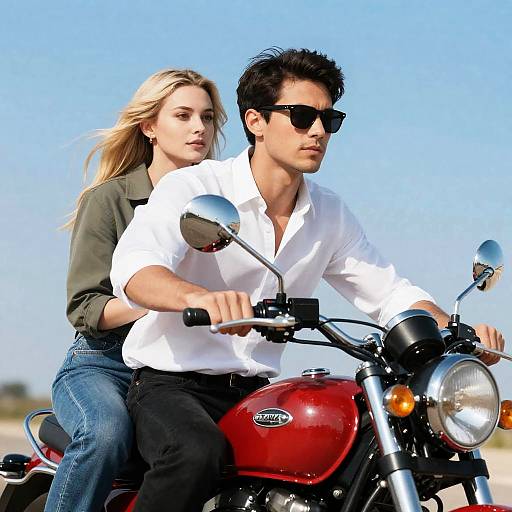 Couple Riding Red Motorcycle Under Blue Sky