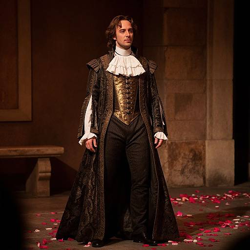 Photograph of a man in an ornate, black and gold 17th-century-style outfit with a white ruffled collar, standing amidst red rose
