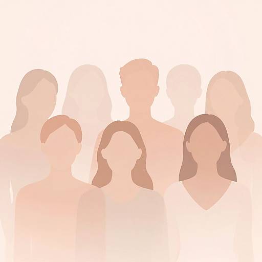 Digital illustration of seven faceless, pastel-colored human silhouettes, standing close together, with varied hair lengths and styles, against a white background