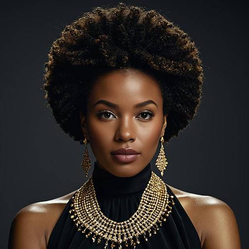 Elegant Black Woman with Afro and Gold Jewelry