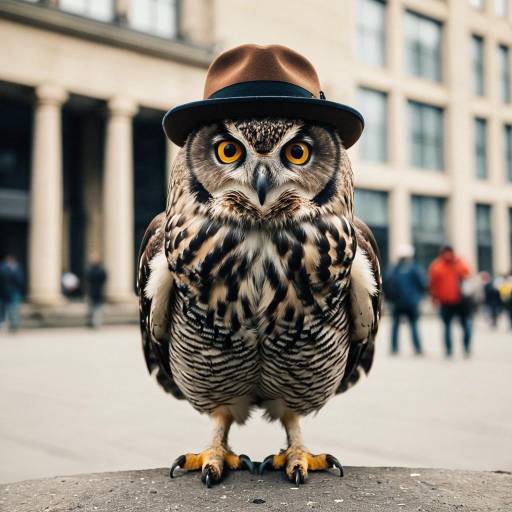 Owl Wearing Brown Hat in Urban Setting