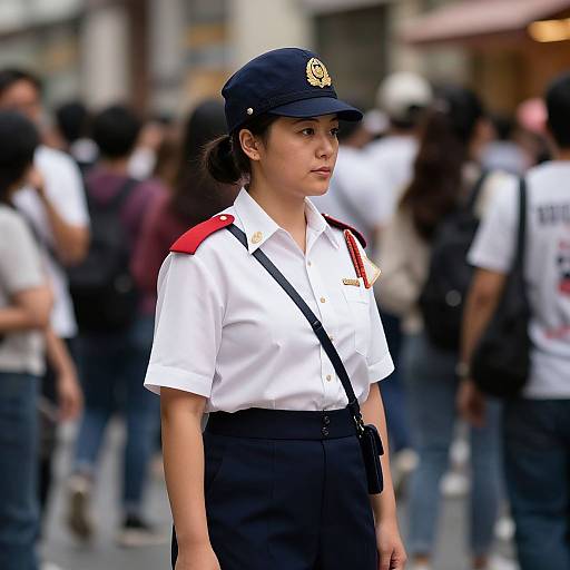 Photograph of a young Asian female police officer in white shirt, black pants, and navy cap, standing in a busy urban street with blurred crowd in