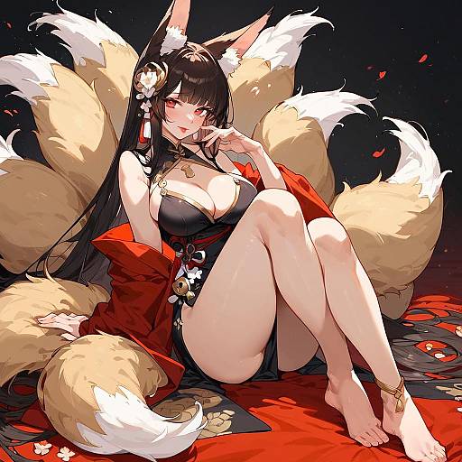 Fox Girl with Multiple Tails in Chinese Dress