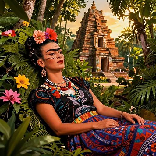 Photograph of a Mexican woman with dark hair, floral headpiece, and colorful traditional dress, leaning against lush foliage in front of a vibrant, ancient