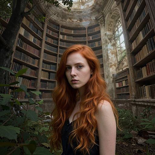 Photograph of a pale-skinned, red-haired woman with wavy hair, wearing a black top, standing in a dimly lit, overgrown