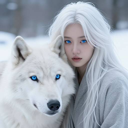Photograph of a fair-skinned woman with long white hair and striking blue eyes, standing close to a white wolf with blue eyes, both wearing gray