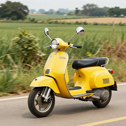 Photograph of a bright yellow Vespa scooter speeding on a rural road, with lush green fields and trees in the background.