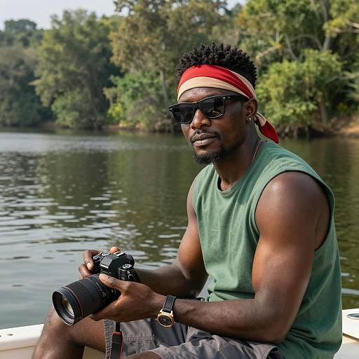 Man with Camera on Boat by Lake