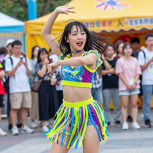 Colorful Asian woman dancing energetically in a vibrant, neon-striped crop top and skirt at an outdoor festival, with a yellow tent and crowd in