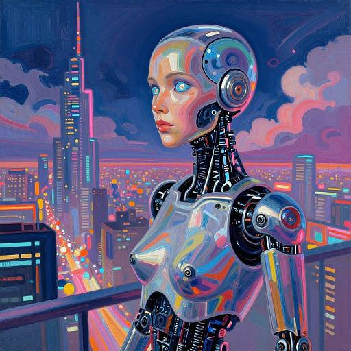 Digital artwork of a futuristic, silver robotic woman with blue eyes, exposed mechanical joints, and reflective surfaces, standing on a neon-lit cityscape balcony