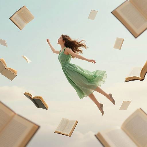 Photograph of a woman with long brown hair in a flowing green dress, floating mid-air, surrounded by flying open books against a bright sky background.