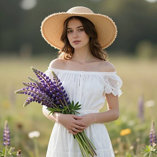 Photograph of a young woman with wavy brown hair, wearing a white off-shoulder dress and straw hat, holding purple lavender, standing in
