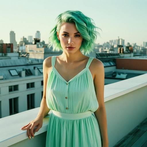 Woman with Mint Green Hair on Rooftop Terrace
