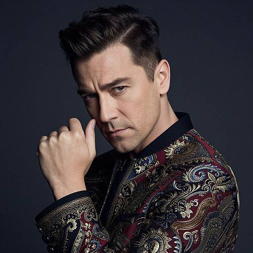 Photograph of a serious-looking man with short, dark hair, wearing an intricately patterned, dark-colored, embroidered jacket, against a solid black