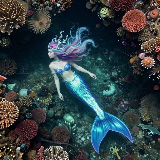 Digital fantasy artwork of a blue mermaid with flowing purple hair, wearing a crown, floating among vibrant, colorful coral and sea creatures in a dark,