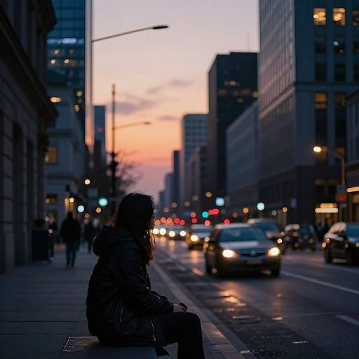 Silhouetted woman in winter coat sits on city sidewalk at dusk, surrounded by blurred car lights and skyscrapers. Photograph.