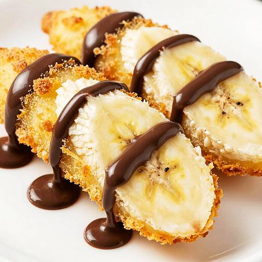 Photograph of golden-brown, coconut-crusted banana bites drizzled with glossy dark chocolate, showcasing creamy banana filling and crispy texture.