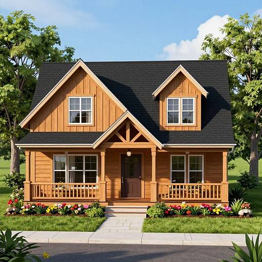 Photorealistic CGI of a charming, two-story wooden house with a black shingle roof, orange siding, white trim, and a front porch,