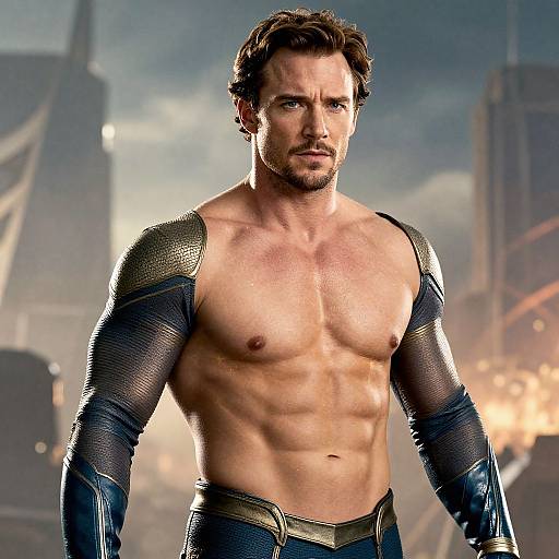 Photograph of a muscular, shirtless man with short brown hair and stubble, wearing metallic arm armor and blue pants, standing in a futuristic,