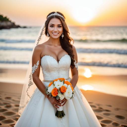 Bride in Wedding Dress on Beach at Sunset