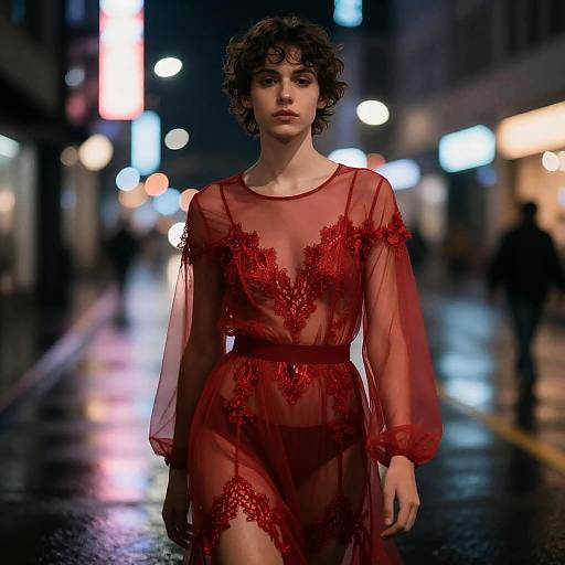 Neon Night: Nonbinary Model in Sheer Red