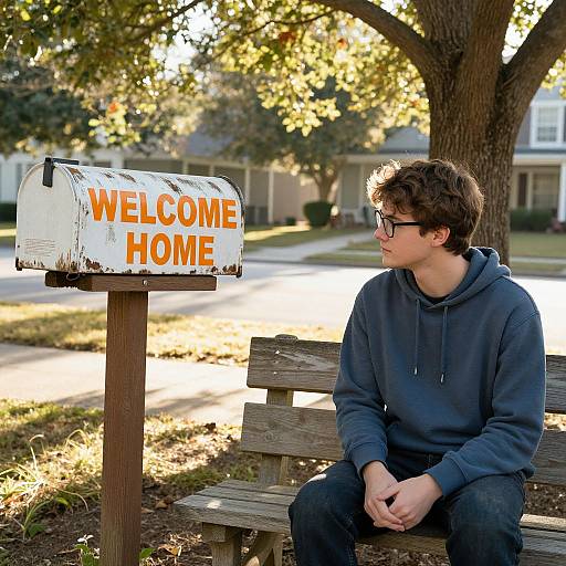 Photograph of a young man with curly brown hair, glasses, and a navy hoodie, sitting on a wooden bench, looking at a weathered 