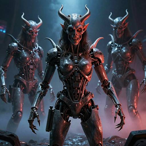CGI image of three demonic, robotic warriors with glowing red and blue horns, metallic bodies, and mechanical breasts, standing in a misty, dark