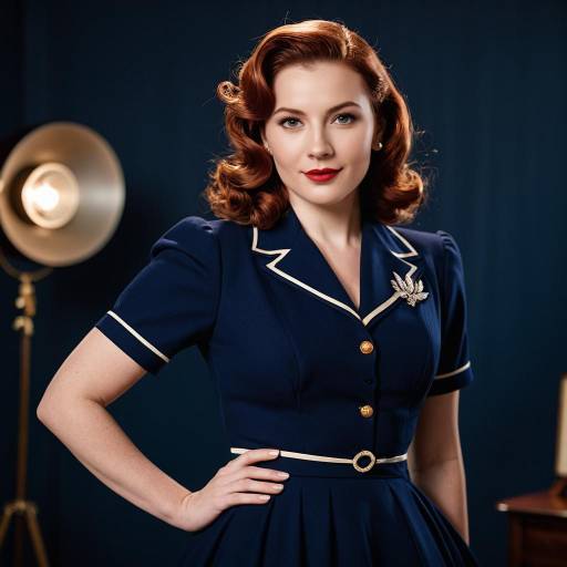 Vintage 1940s Woman in Navy Blue Dress