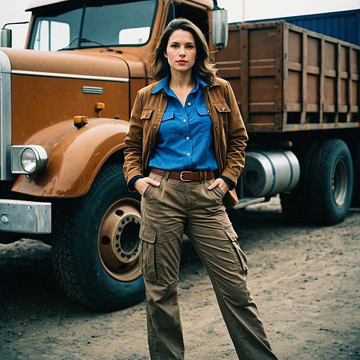 Woman in Blue Shirt by Truck