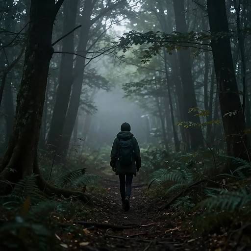 Photograph of a lone hiker in a dark, misty forest, wearing a hooded jacket and backpack, walking down a dirt path flanked