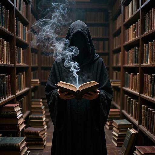 Mysterious robed figure in dark hood reading glowing book, surrounded by smoke, in dimly lit, overflowing book library.