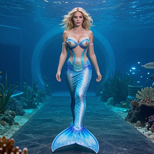Photorealistic Blonde Mermaid in Futuristic Tunnel